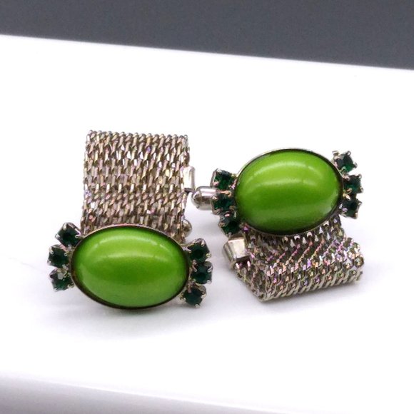 Vintage Wrap Cuff Links, Green Lucite Cabochons flanked by Green Crystals - Picture 2 of 3